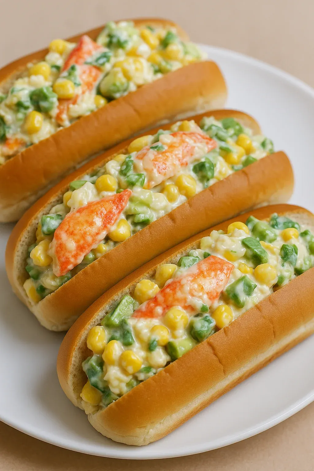Two hot dogs with corn and lobster meat.