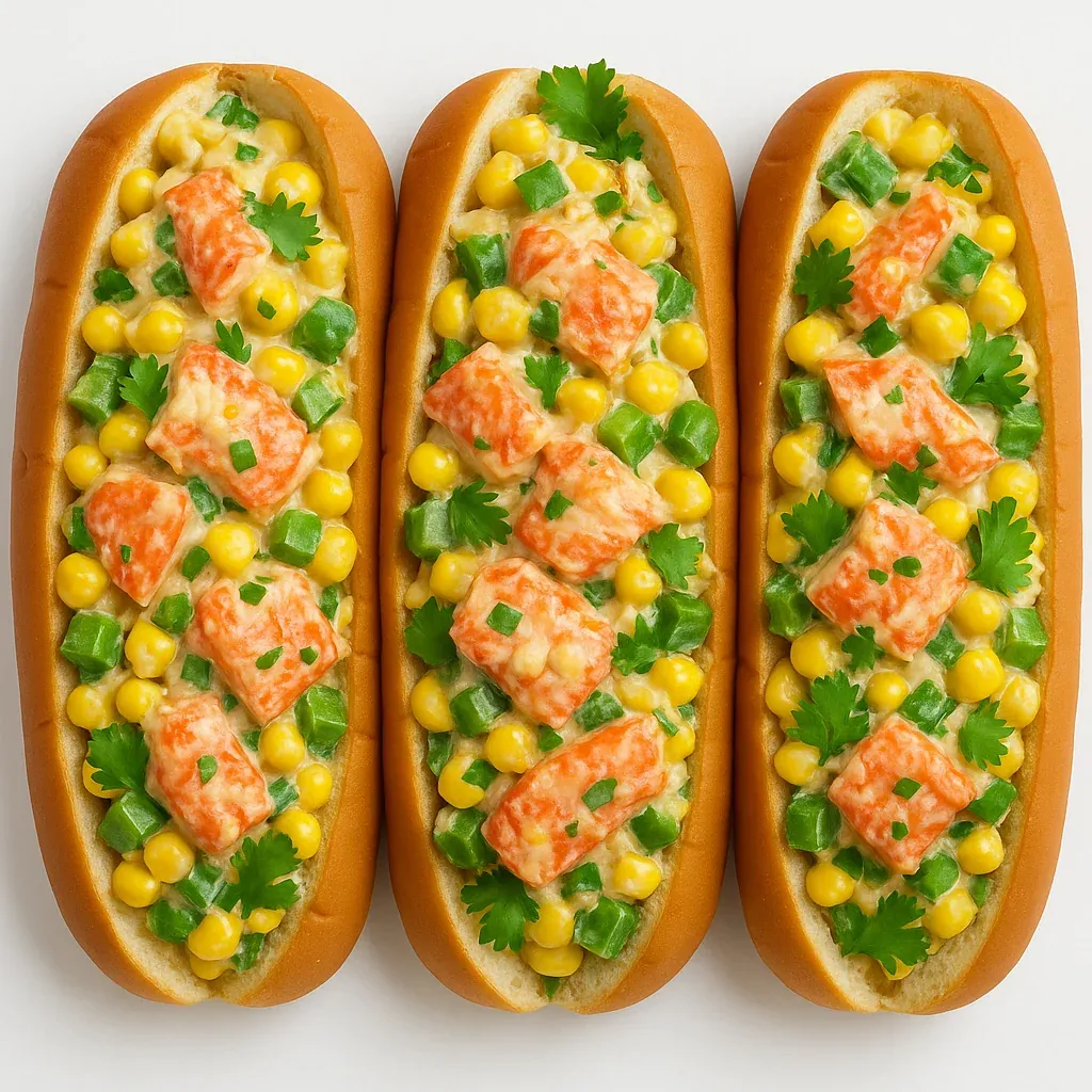 Two hot dogs with corn and shrimp toppings.