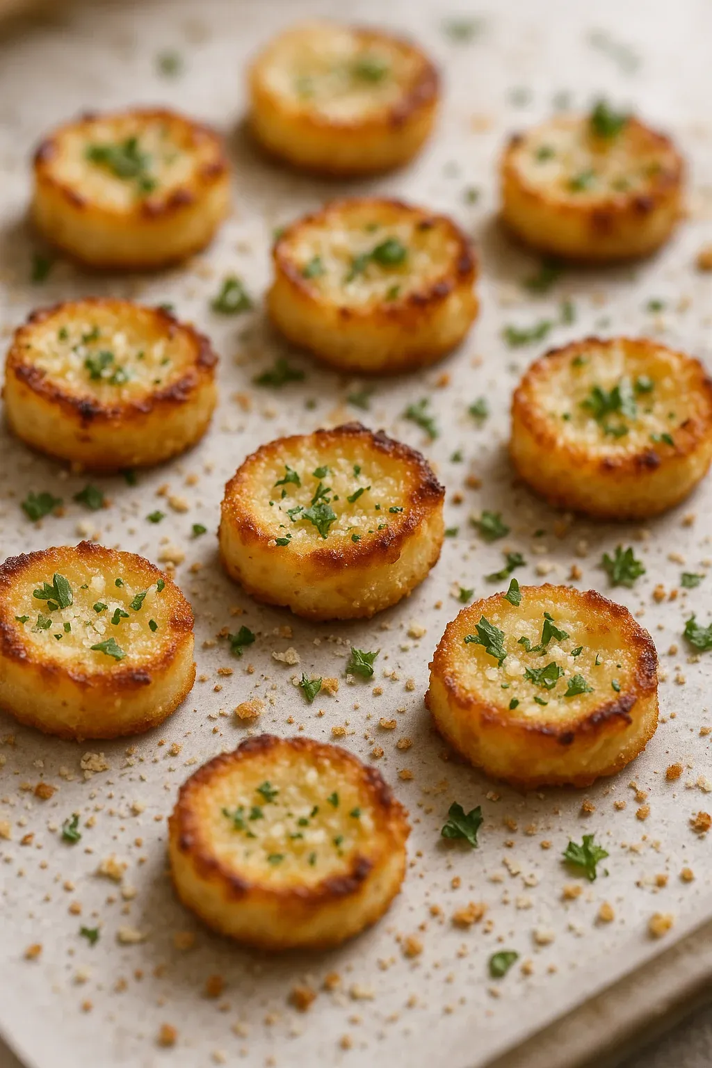 Baked potato bites with herbs on a white plate.