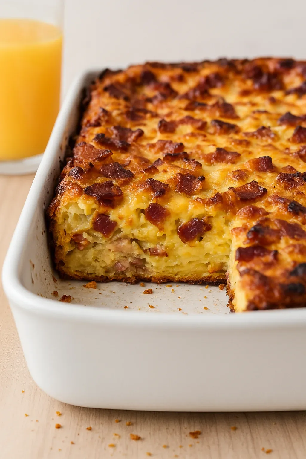 A slice of bacon and cheese casserole.