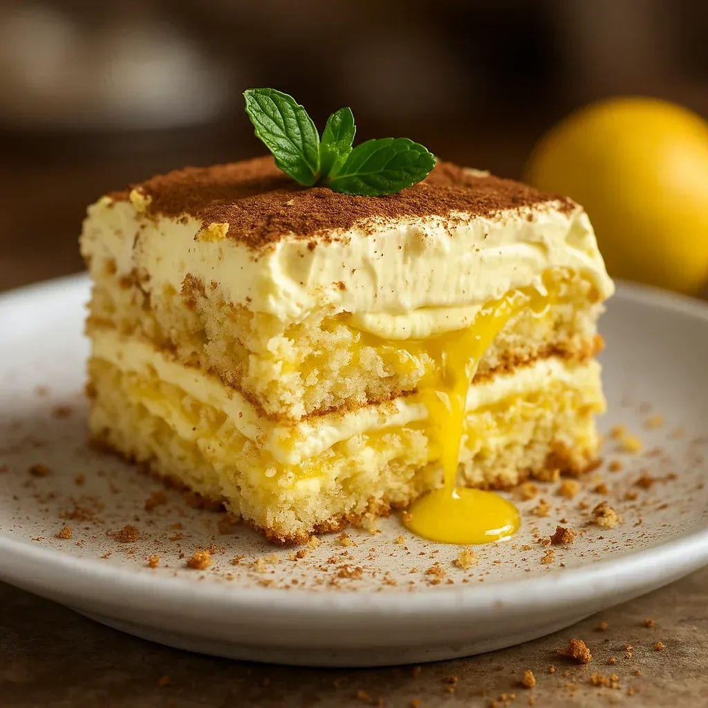 A slice of cake with a mint leaf on top.