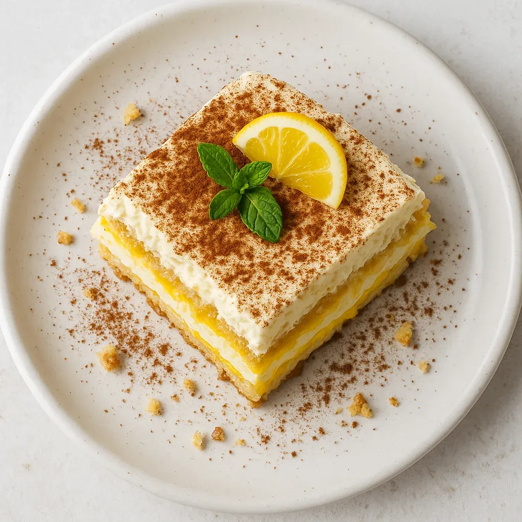 A slice of cake with a lemon wedge on top.