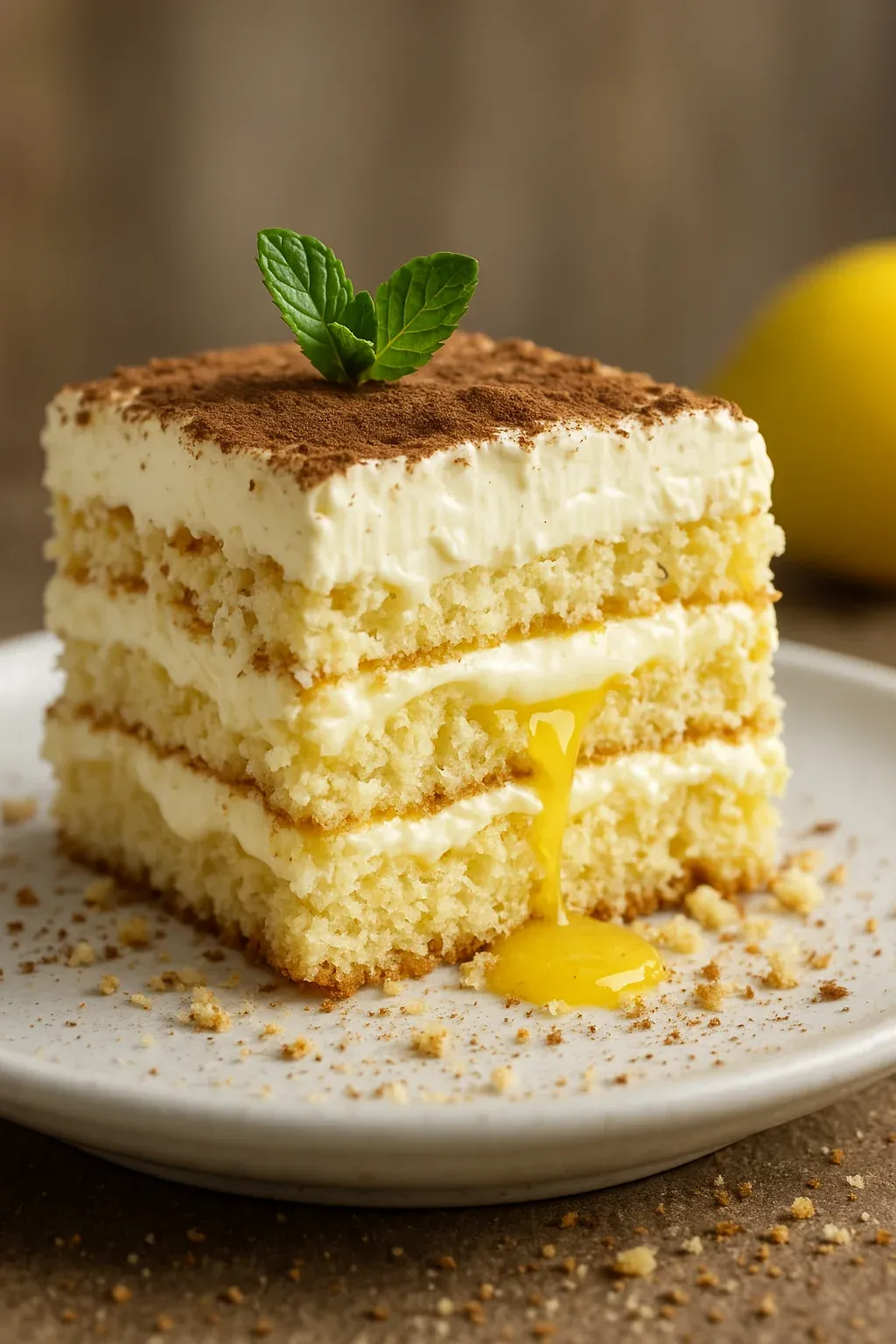 A slice of cake with a green leaf on top.
