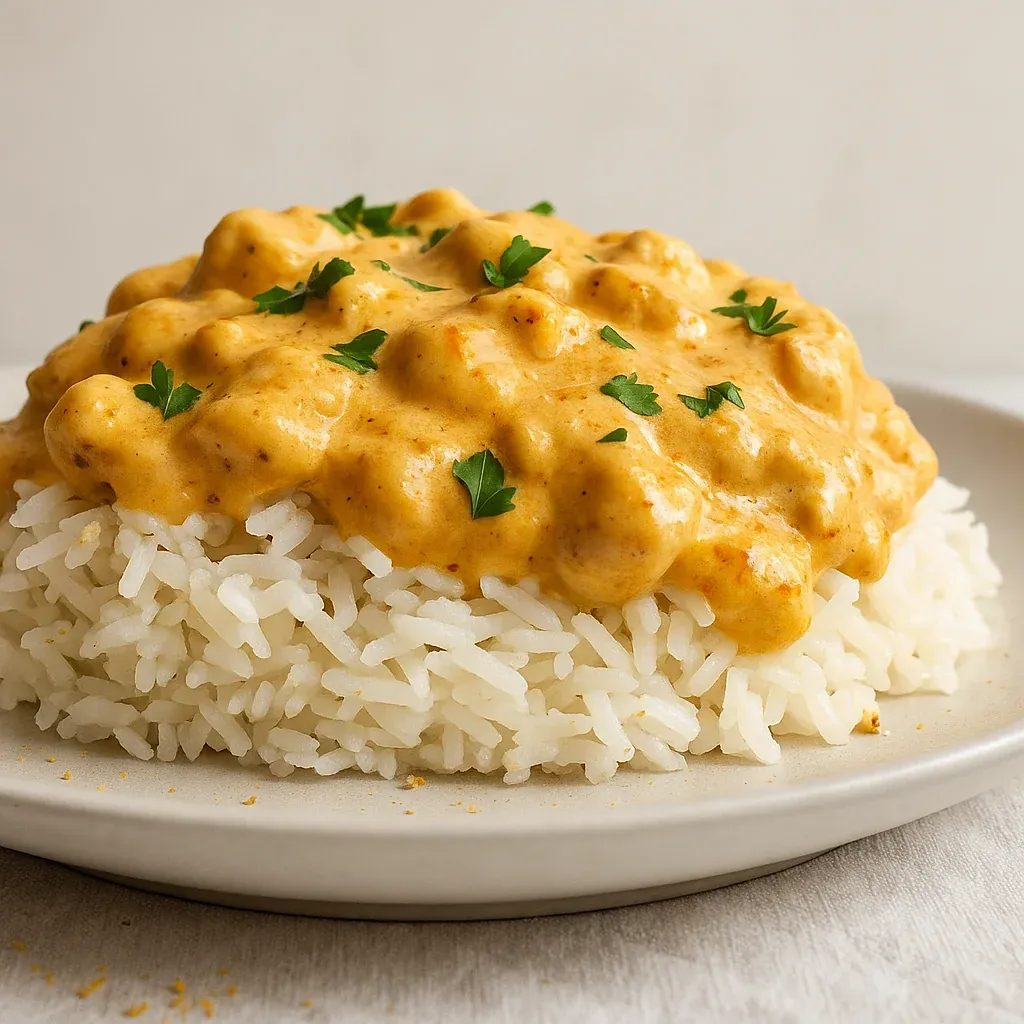 A plate of rice with a sauce on top.