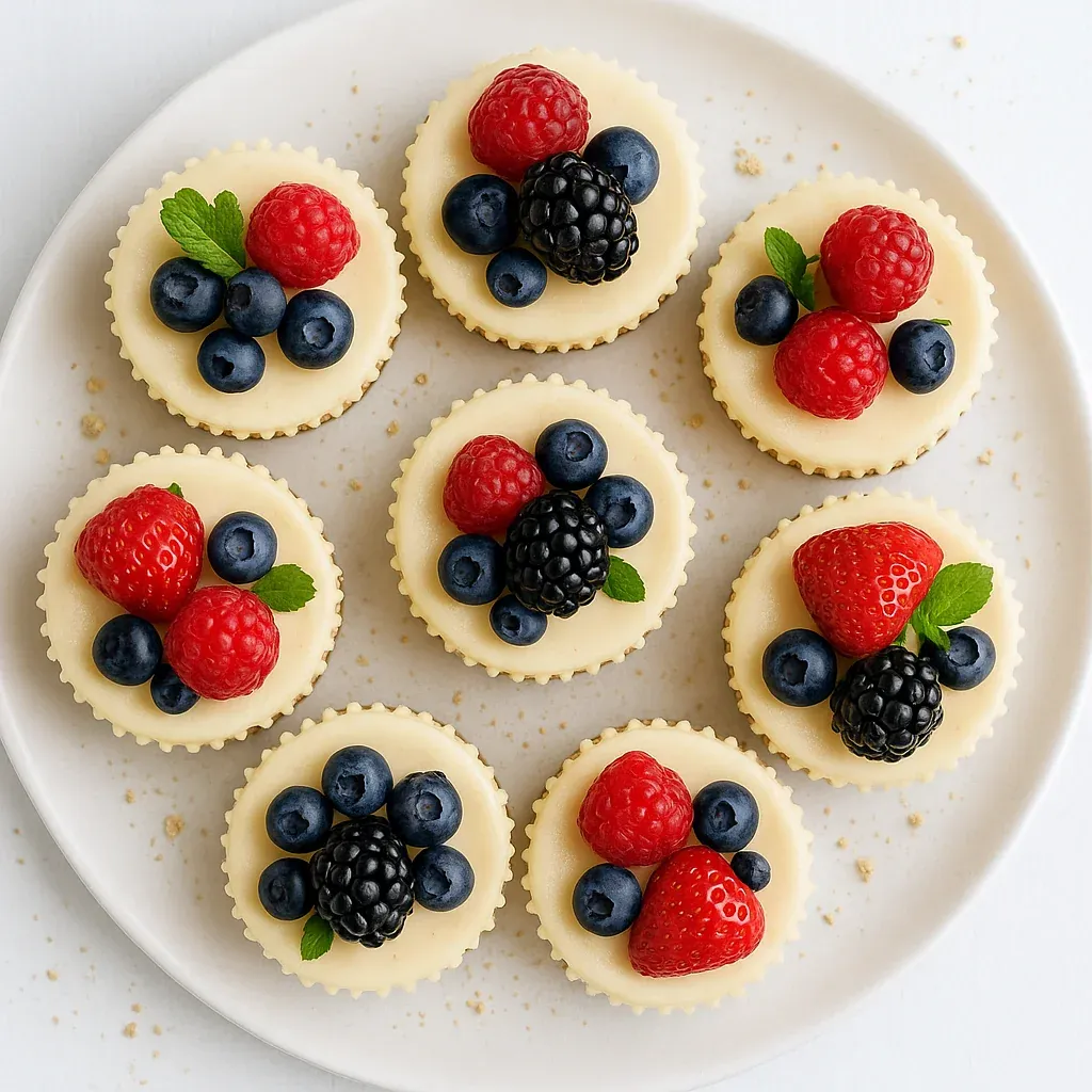 A plate of desserts with berries and blueberries.