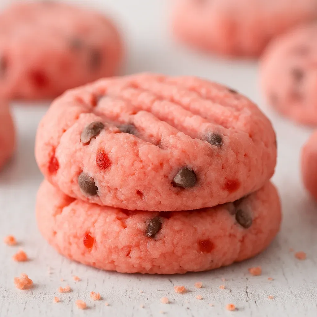 A stack of pink cookies with chocolate chips.