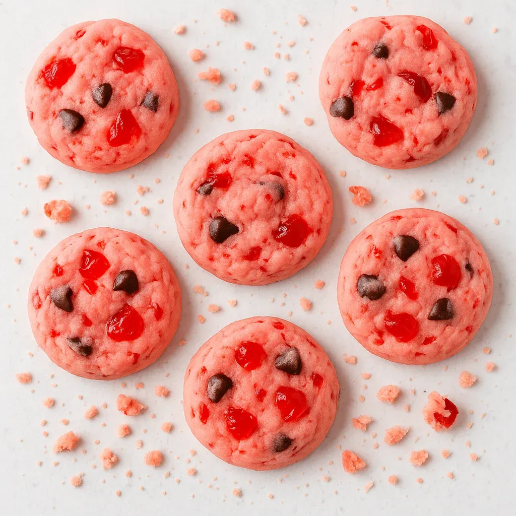 A pink cookie with chocolate chips.
