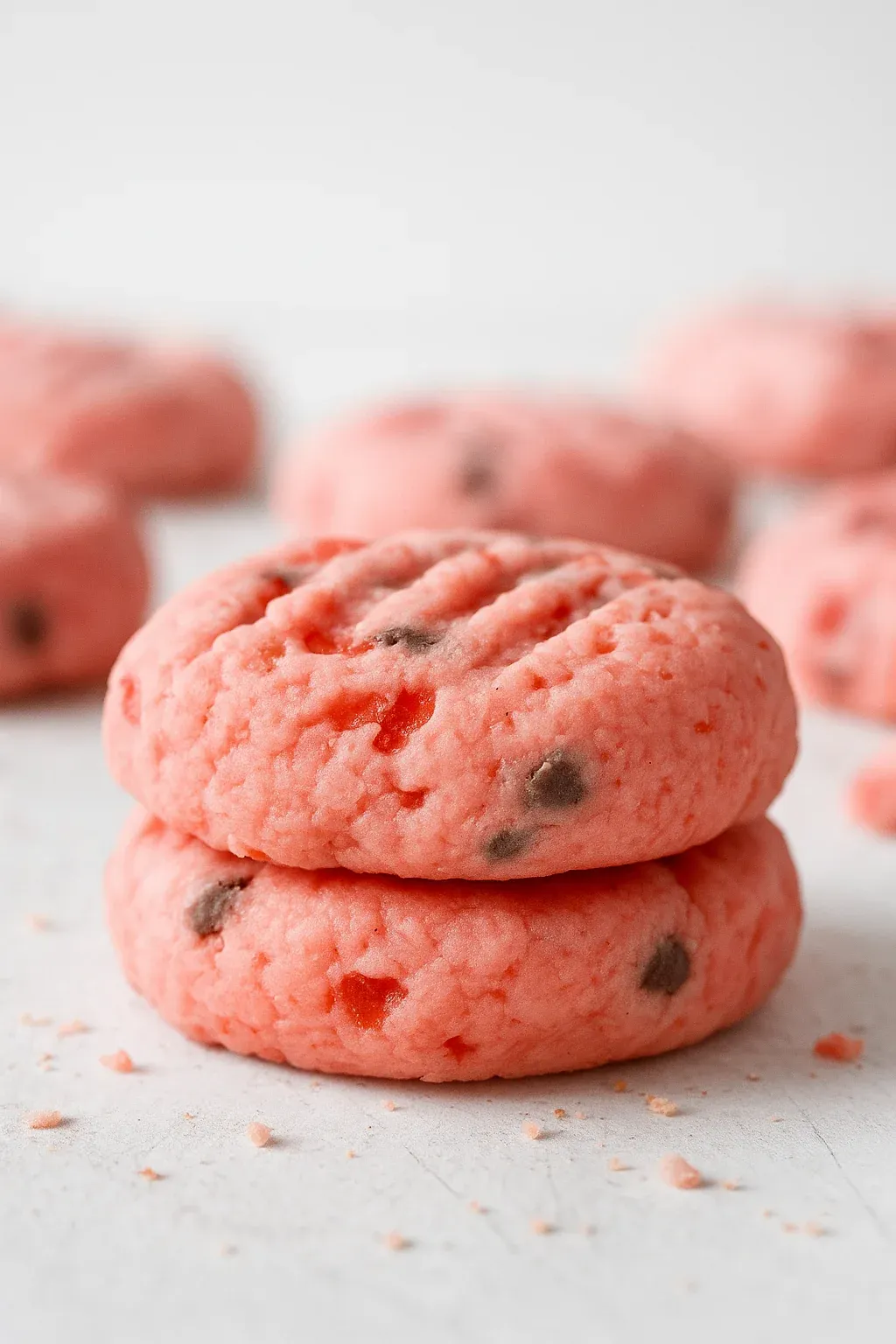 A stack of pink cookies with chocolate chips.