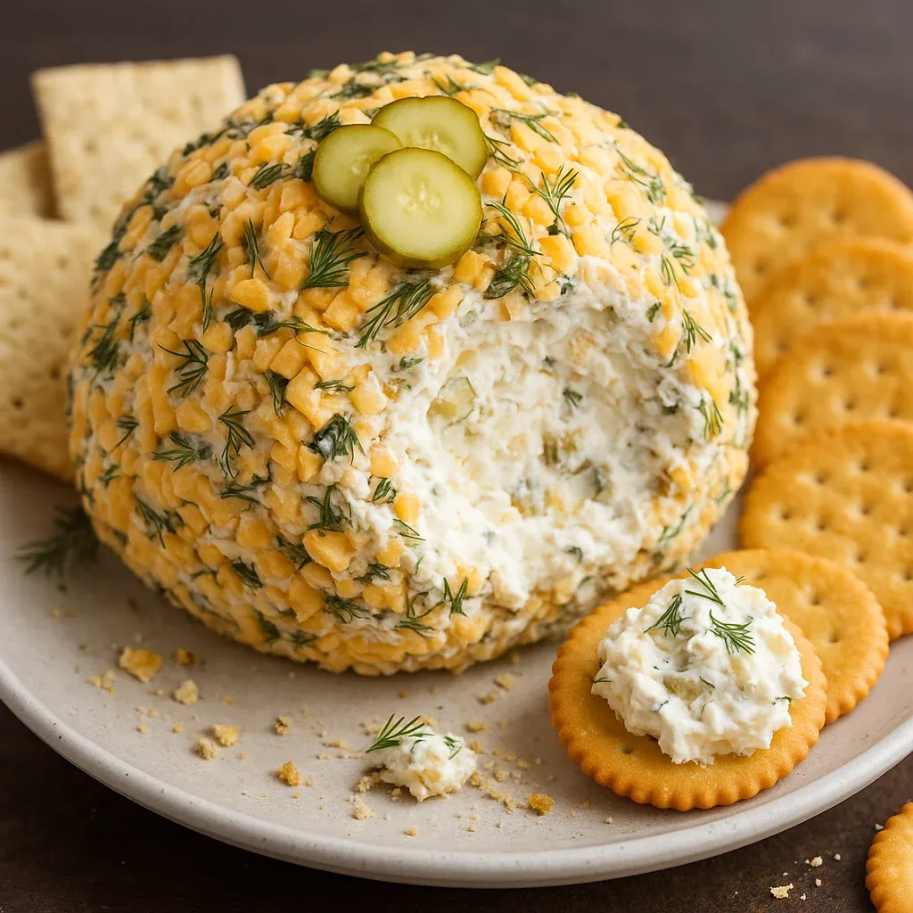 A plate of crackers and a cheese ball.