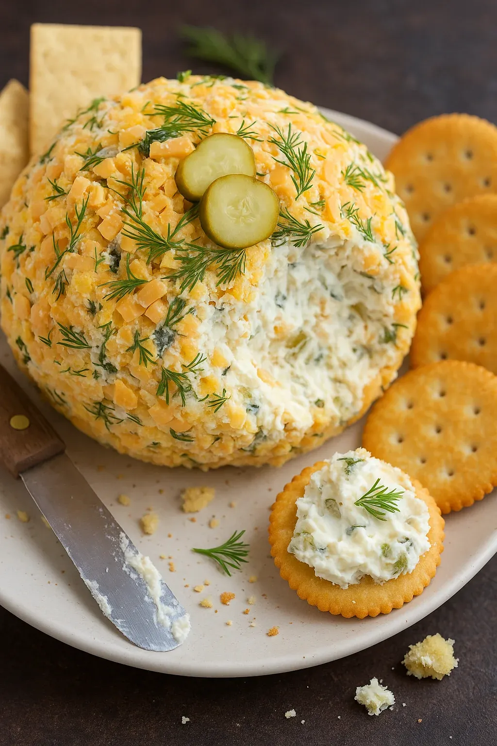 A plate of food with a pickle on top.