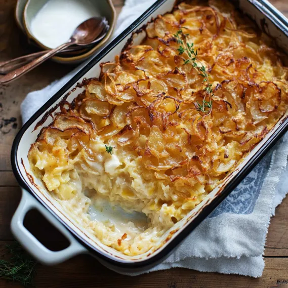 A casserole dish with a spoon in it.