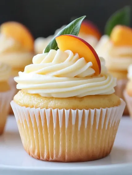 A cupcake with a peach on top.