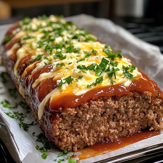 A meat loaf with cheese and herbs on top.
