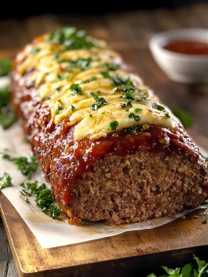 A meat dish with cheese and sauce on a wooden table.