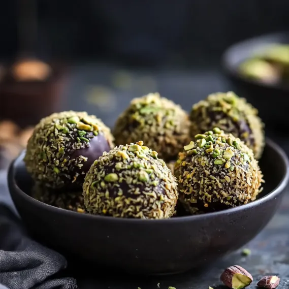 A bowl of chocolate balls with green toppings.