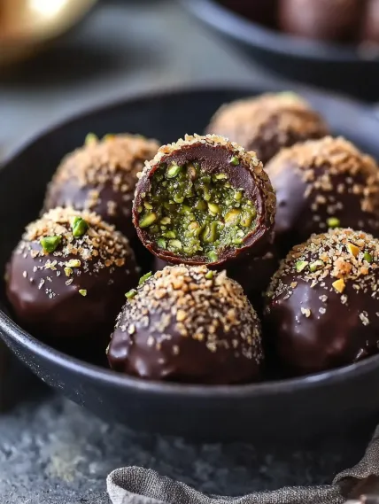 A bowl of chocolate covered balls with green toppings.