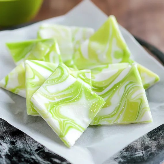 A green and white dessert on a plate.