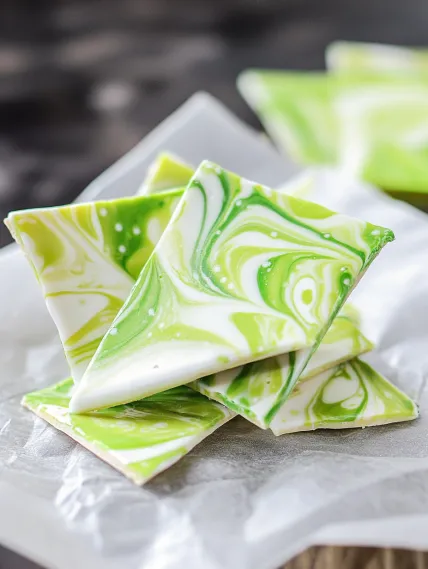 Green and white candy on a table.