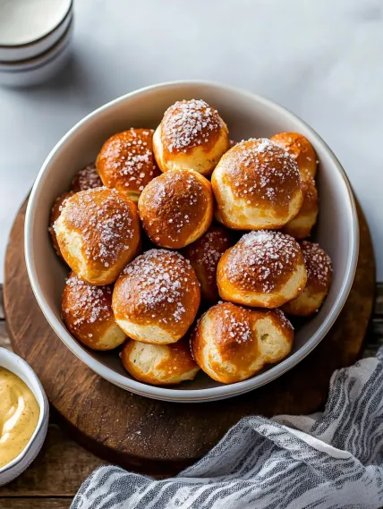 Bowl of doughnuts with powdered sugar.