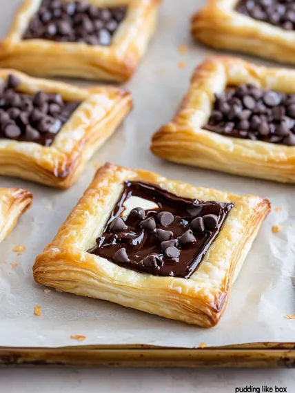 A chocolate covered pastry on a tray.