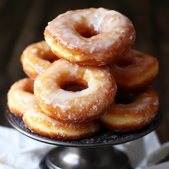 A stack of glazed donuts on a plate.