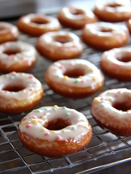 A tray of doughnuts with sprinkles.