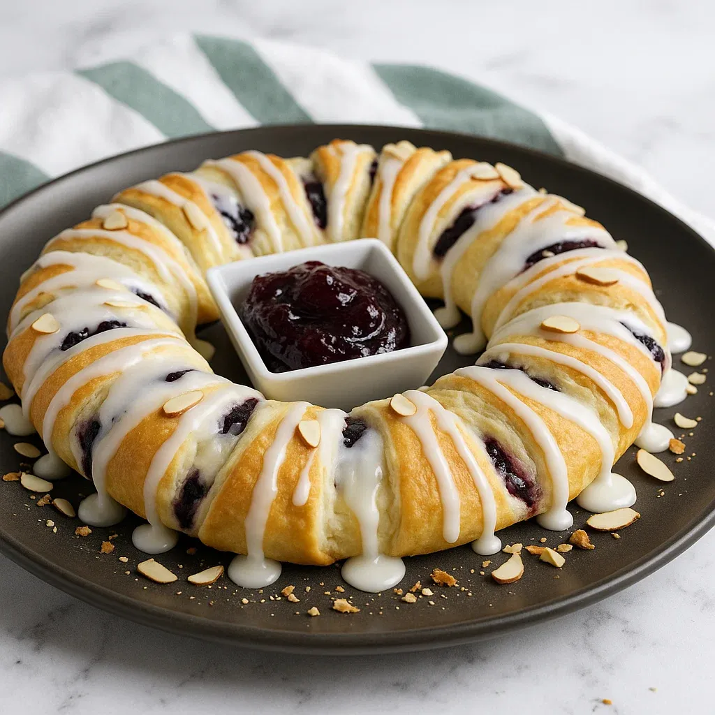 A plate of food with a bowl of jam in the middle.