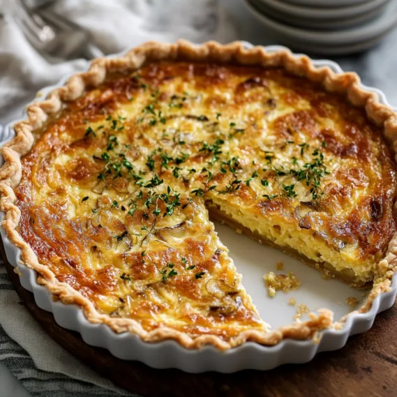 A slice of quiche is on a plate.