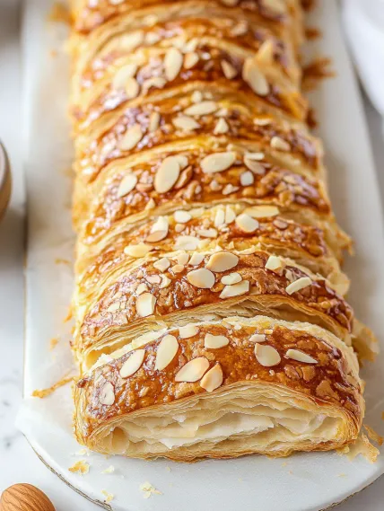 A row of croissants with almonds on top.