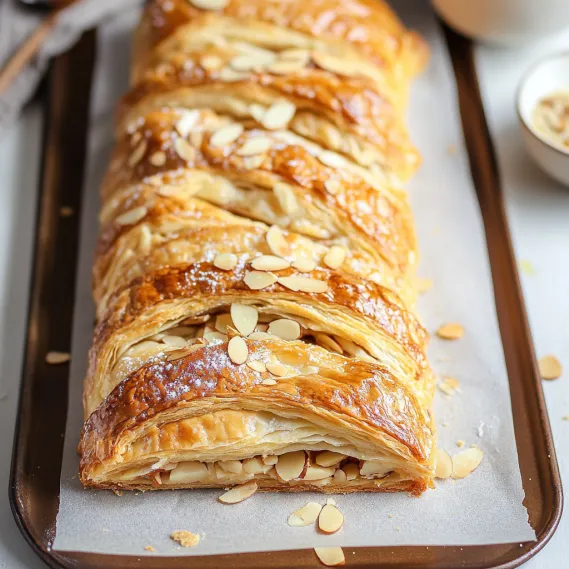A tray of pastries with almonds on top.