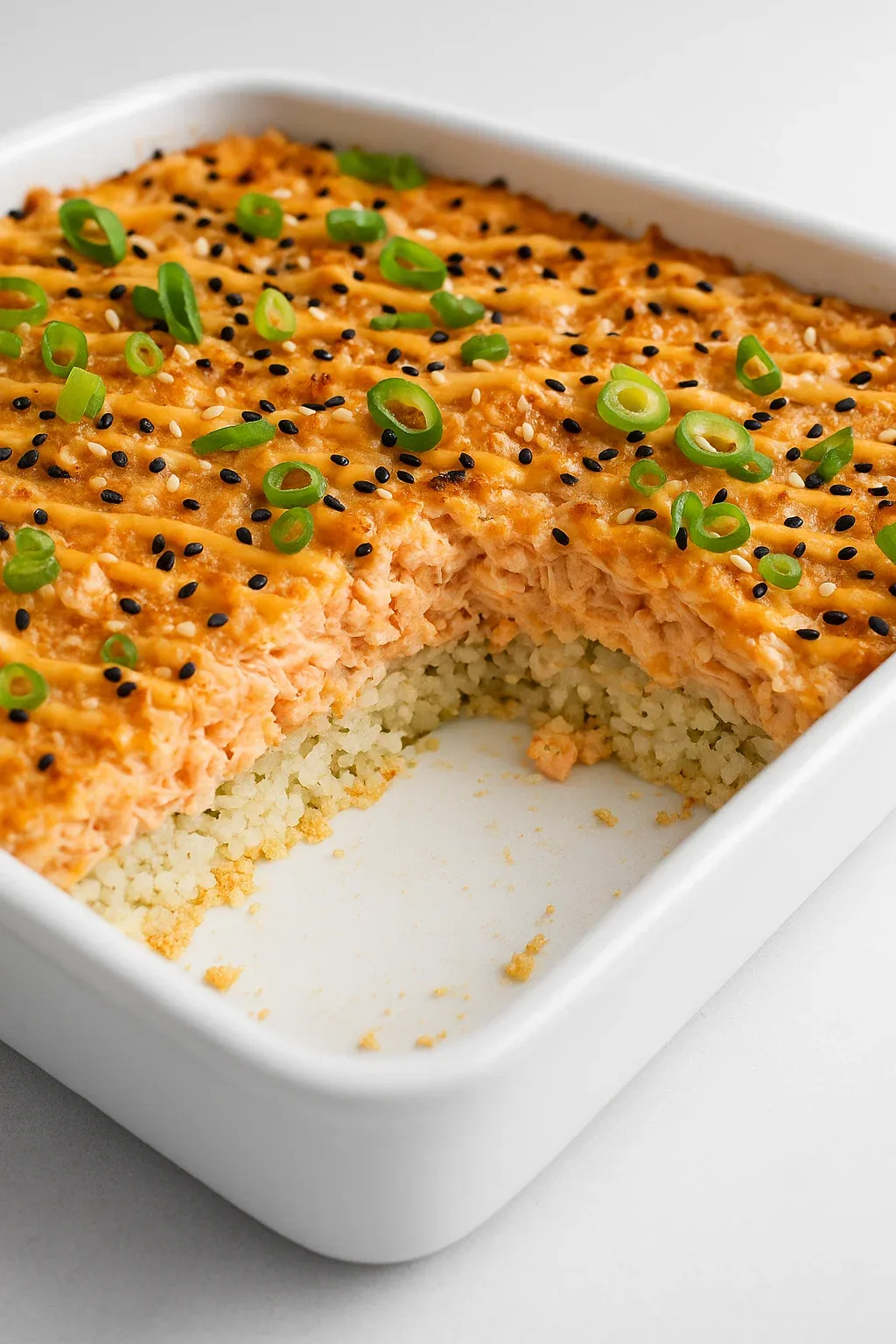A slice of cake with green onions on top.