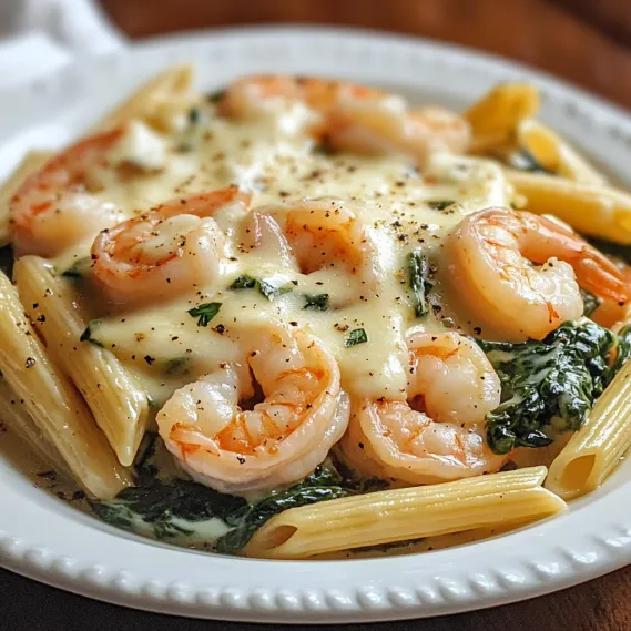A plate of shrimp and pasta.