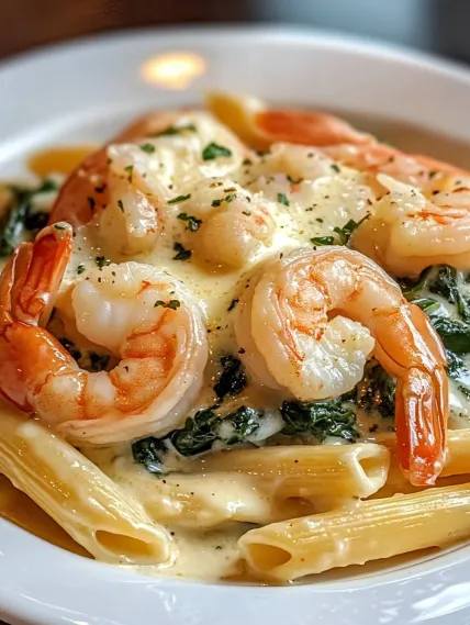 A plate of food with shrimp and spinach.