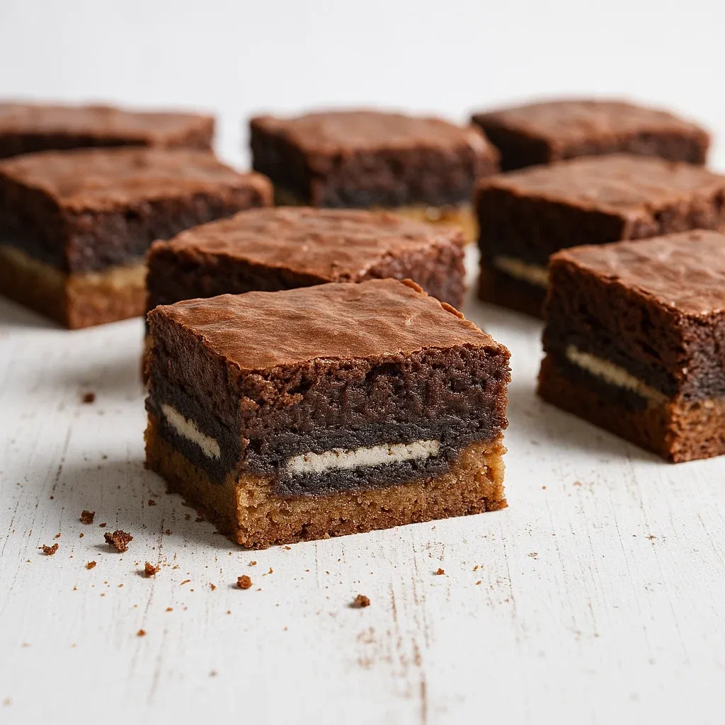 A plate of brownies with cookies on top.