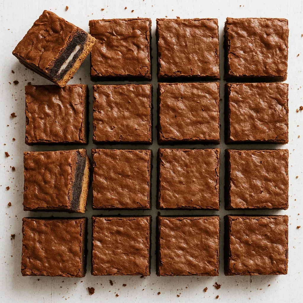 A square of chocolate cake with a cookie on top.