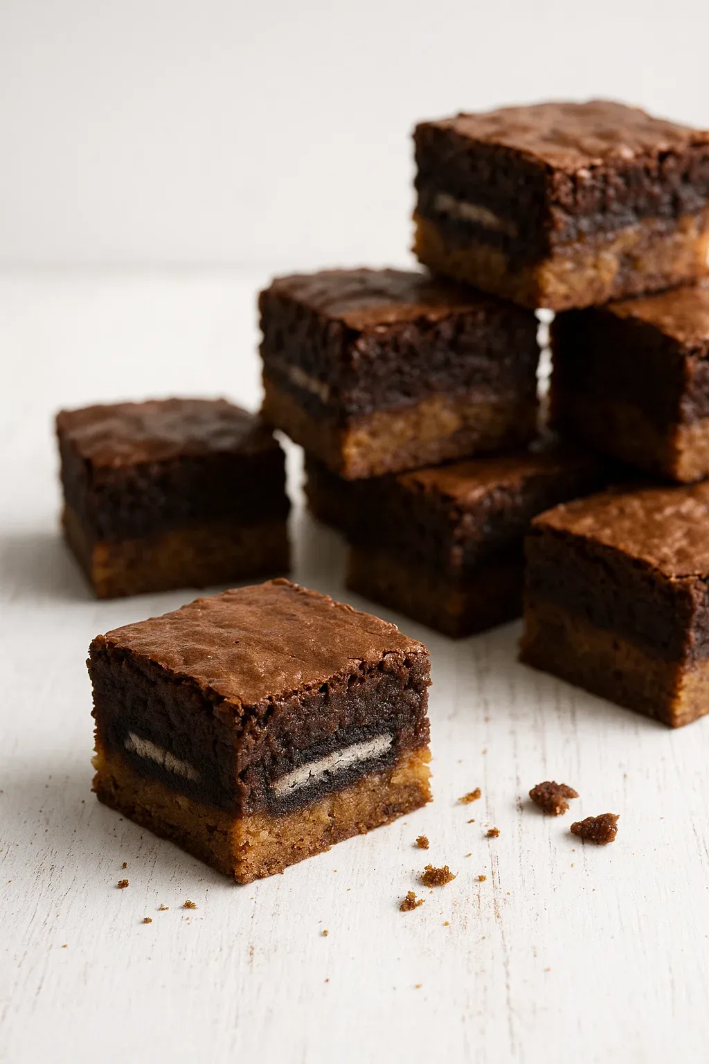 A stack of brownies with chocolate and peanut butter toppings.