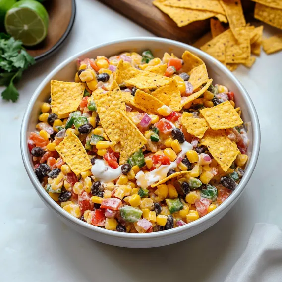 A bowl of food with chips and salsa.