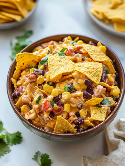 A bowl of food with chips and beans.