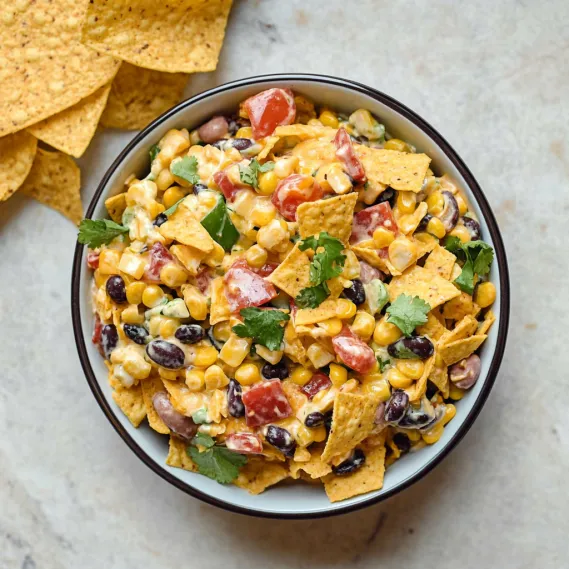 A bowl of food with chips and beans.