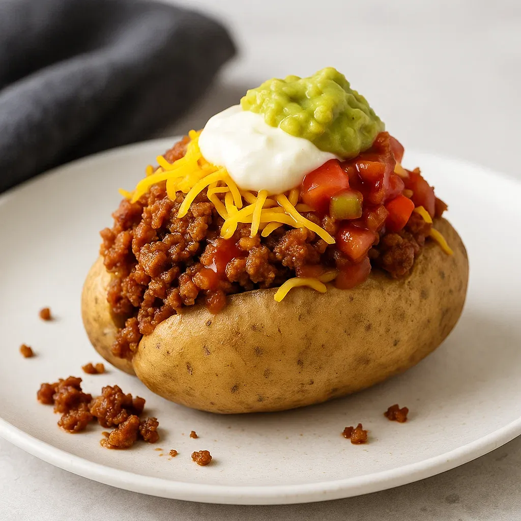 A plate of food with a potato and meat on it.