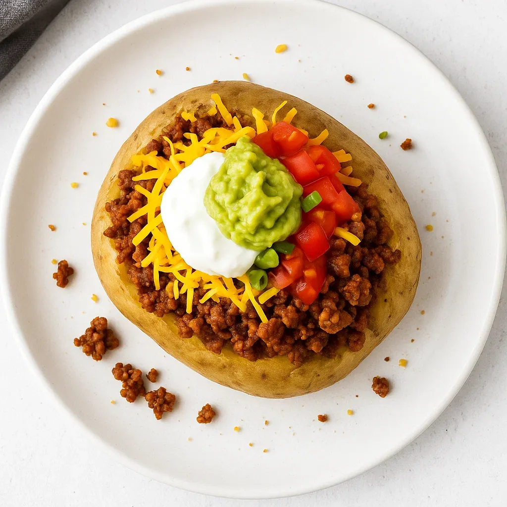 A plate of food with a potato and cheese on top.