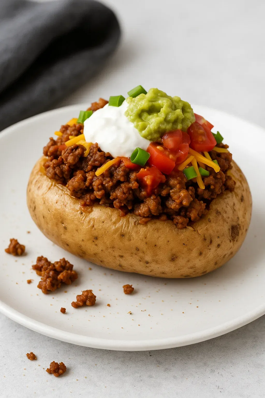 A plate of food with a potato and meat on it.