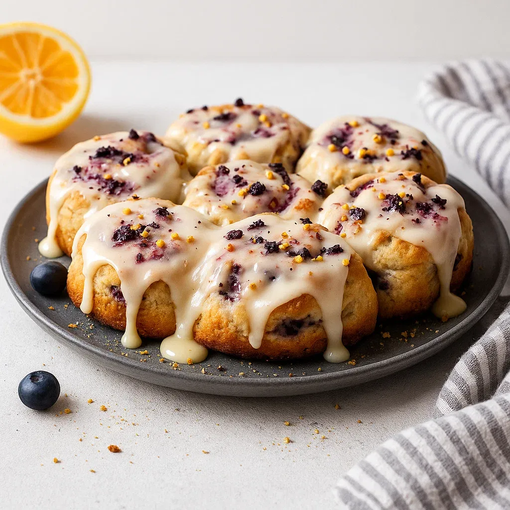 A plate of blueberry muffins with white icing.