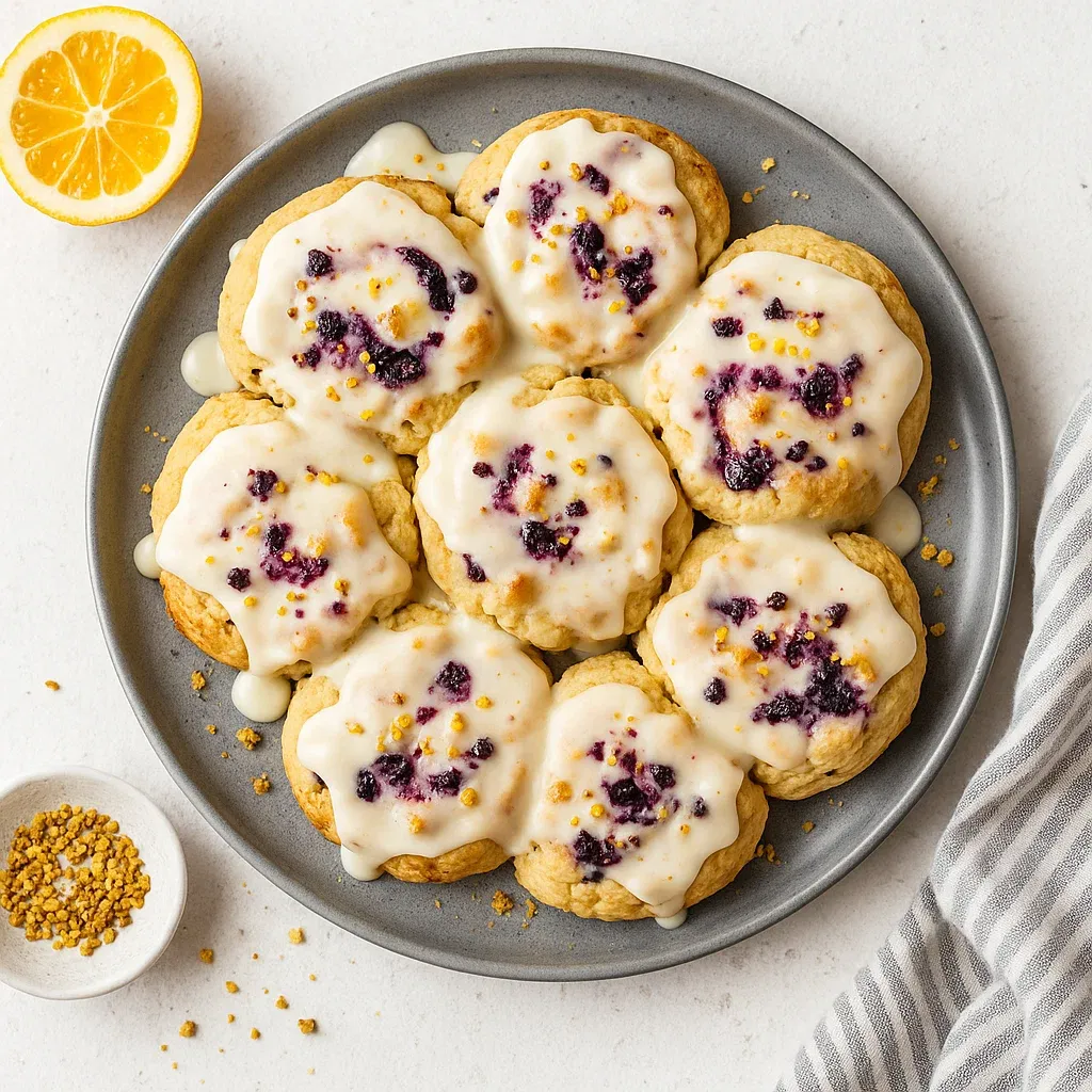 A plate of cookies with white frosting and blueberries.