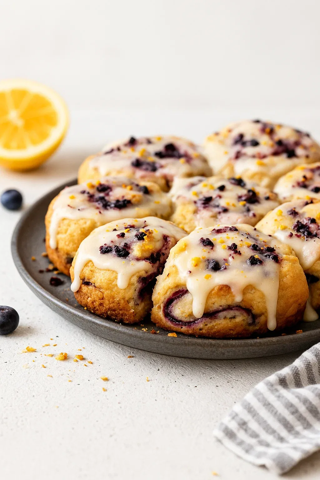 A plate of muffins with blueberries and lemon.