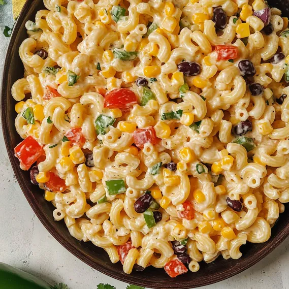 A bowl of macaroni and cheese with vegetables.