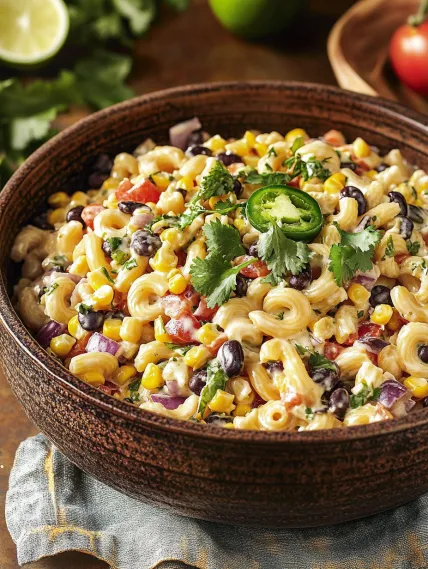 A bowl of pasta with tomatoes, corn and black beans.