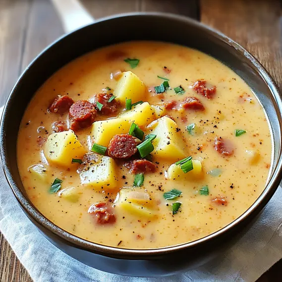 A bowl of soup with potatoes and sausage.