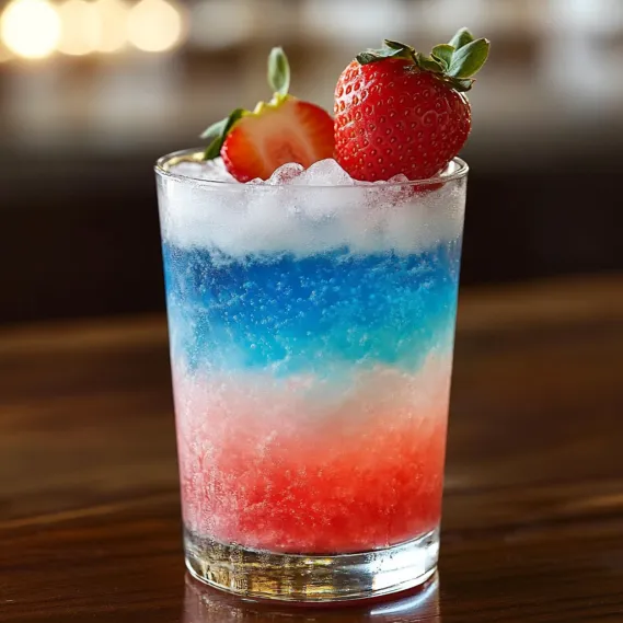 A glass of blue, red and white drink.