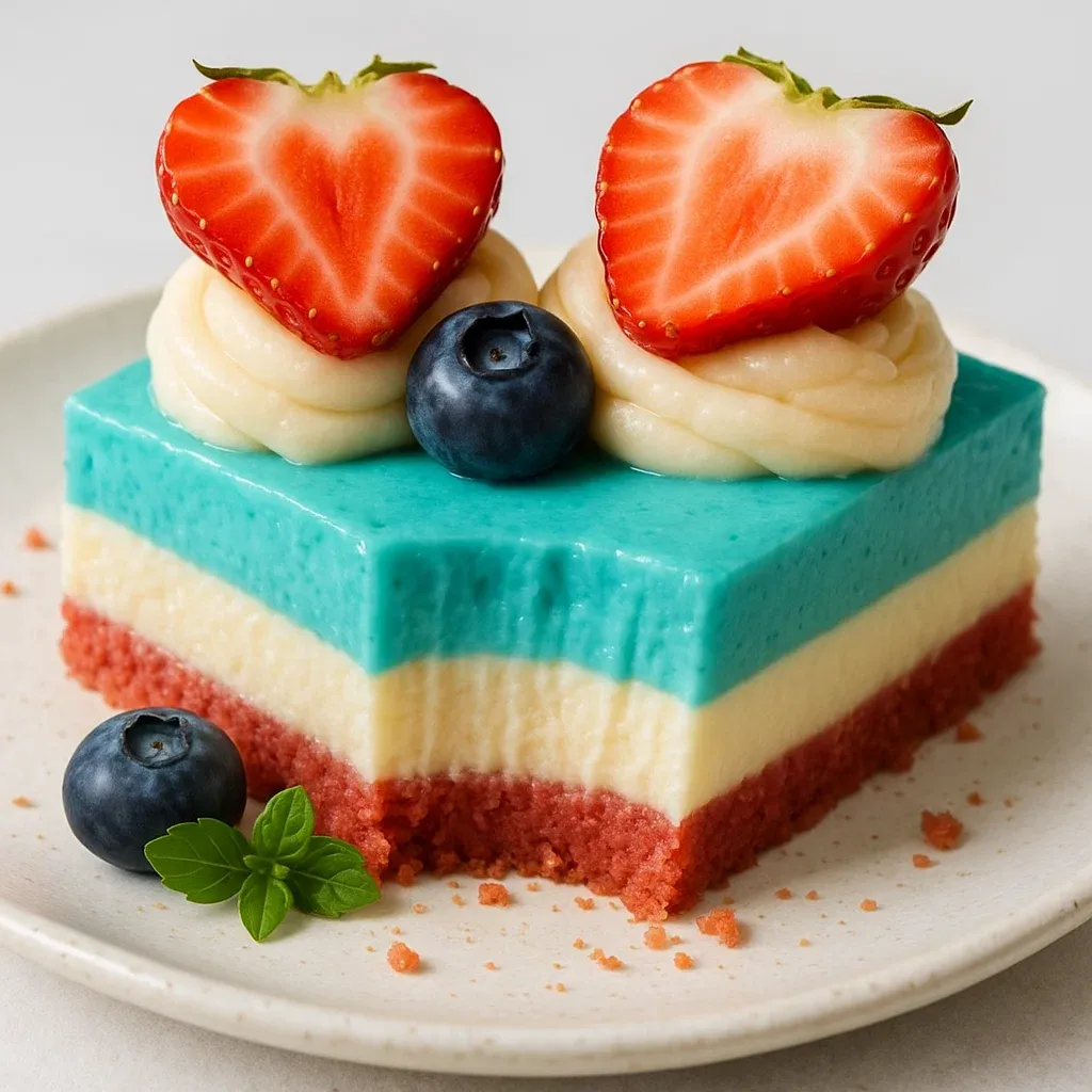 A slice of cake with strawberries and blueberries on top.